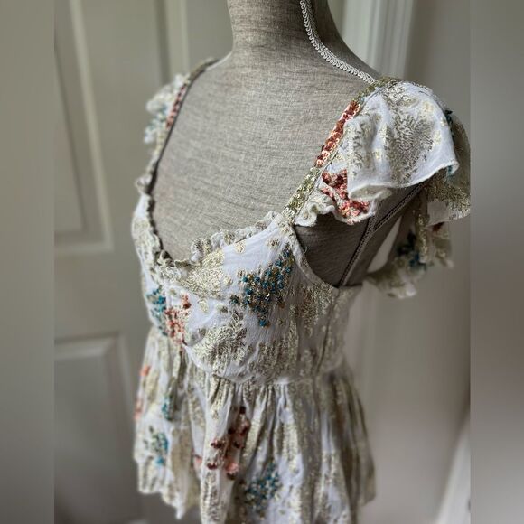 Free People All That Shimmers Jacquard Metallic Embroidered Top Shirt Medium - Picture 3 of 6